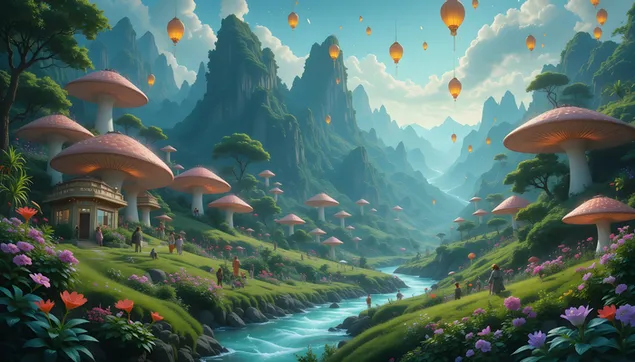 Fshati i Kërpudhave Fantazi: Fenerë, Male dhe Lumë 4K sfond