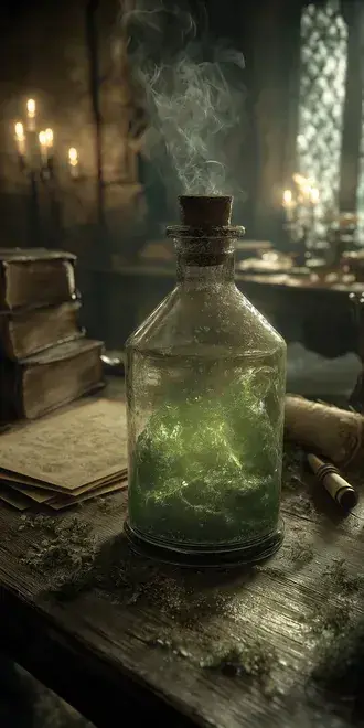 lahvicka s fantasy lektvarem se zaricim obsahem a stoupajici parou stahnout