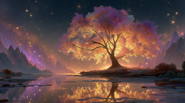 شجرة خيالية بأوراق متوهجة بجانب بحيرة عاكسة 2K خلفية