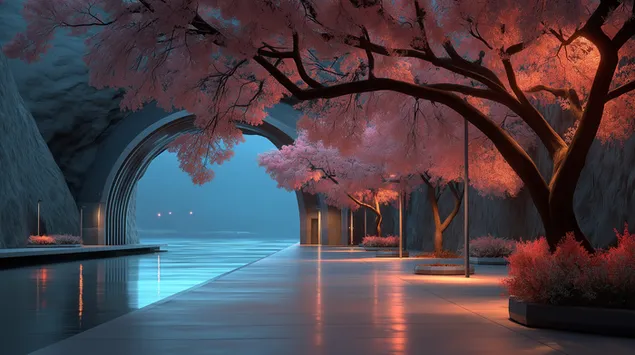 vchod do fantasy tunelu s tekouci vodou a ruzovymi tresnemi stahnout