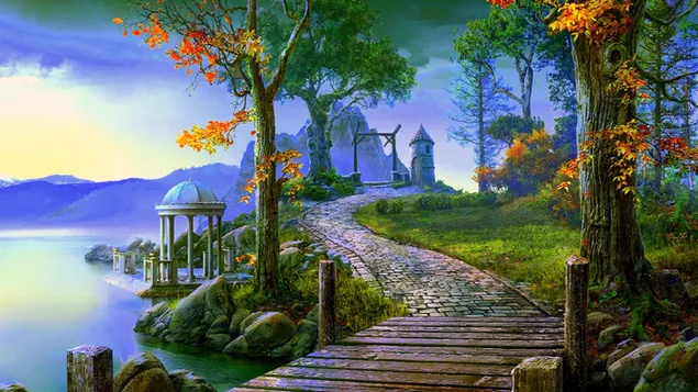 Pueblo de fantasía cerca del lago HD fondo de pantalla
