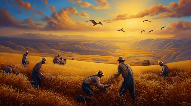 Fermerët që korrin të korrat në një fushë të gjerë të artë në perëndim të diellit 2K sfond