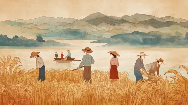 Fermerët që punojnë në një peizazh rural të modës së vjetër 2K sfond