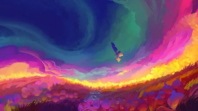 Fascinating view of anime scenery drawn in rainbow colors download