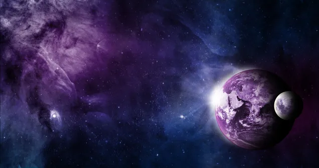 Faszinierender Blick auf Erde und Mond im Weltraum mit bunten Lichtern und Sternen 4K Hintergrundbild