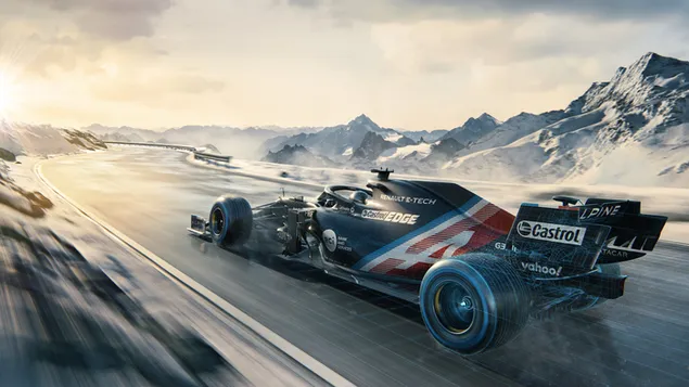 Шпалери Швидка і потужна формула з гонок Формули-1 їде по засніжених горах HD