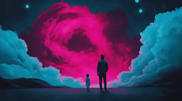 אב וילד מביטים בתצורת ענן ורודה ותוססת 2K טפט