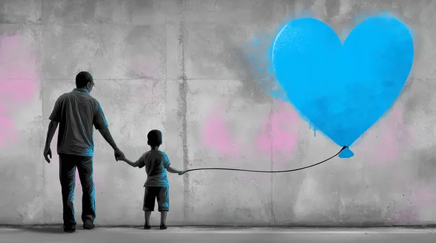 אב ובן מחזיקים ידיים עם בלון לב גרפיטי 2K טפט