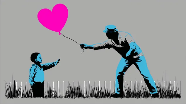 Vader geeft een hartballon aan een kind in stencilkunst 2K achtergrond