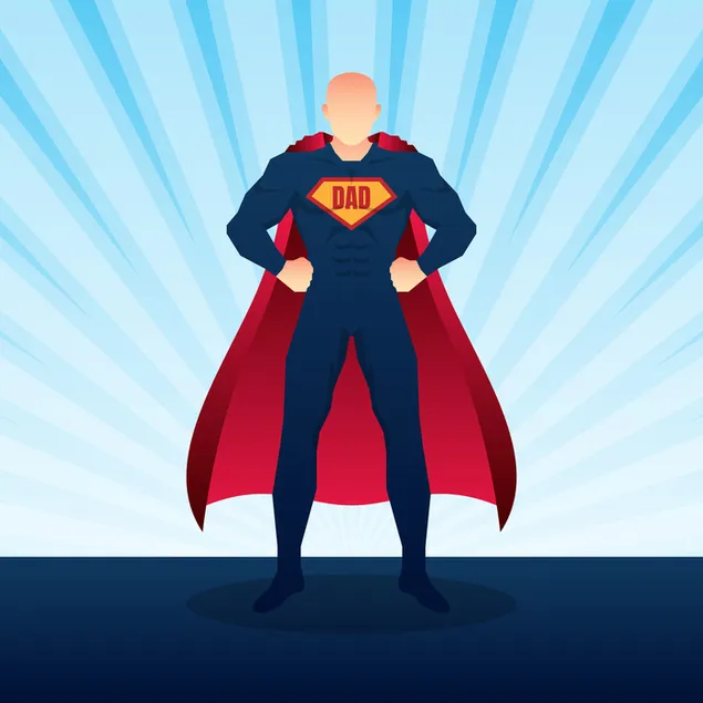 Figura del pare temàtica del dia del pare amb capa vermella i vestit de superheroi blau baixada