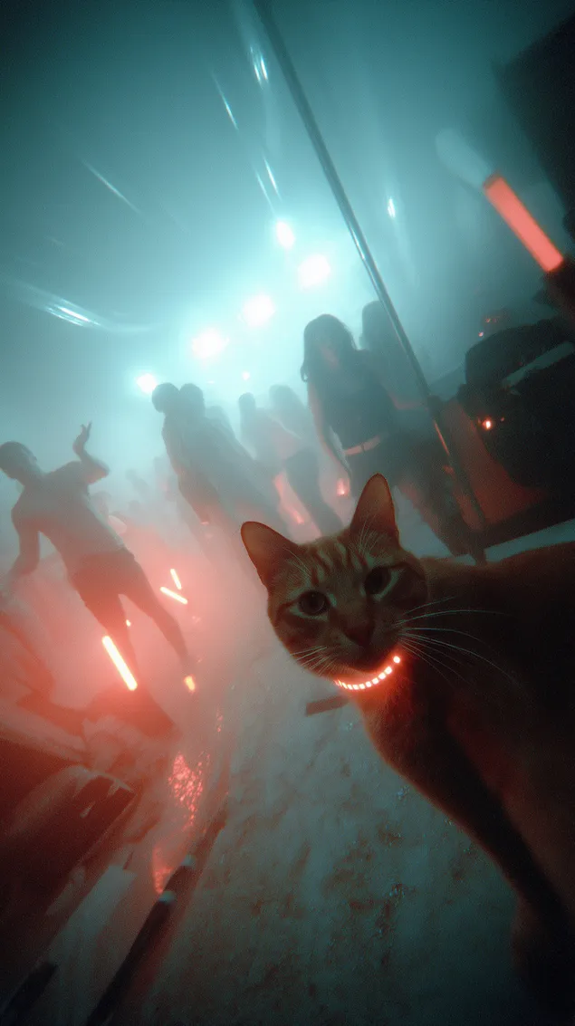 Шпалери Котик на жвавому заході з сяючим нашийником та силуетами HD