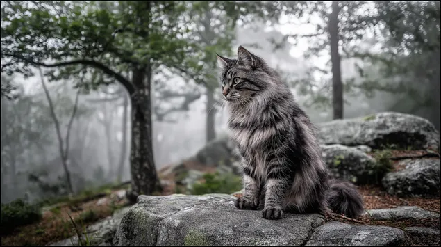 Kattedyr som sitter på en stein i en tåkete skog 2K bakgrunn