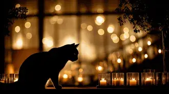 Silhueta felina em quarto à luz de velas com efeito bokeh 2K papel de parede