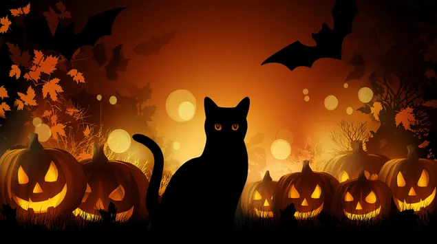 kattsilhuett i kuslig halloween-miljo med glodande pumpor ladda ner