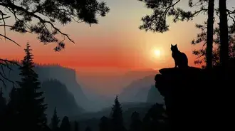 silueta e nje maceje ne buze te shkembit me pamje nga perendimi i diellit i lugines se malit shkarkim