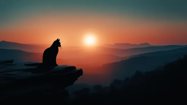 Silueta e një maceje në shkëmb me pamje nga malet e largëta të mjegullta në perëndimin e diellit 2K sfond