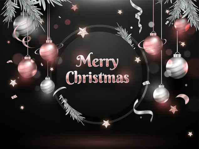 Feliz Navidad en fondo negro con adornos rojos y plateados