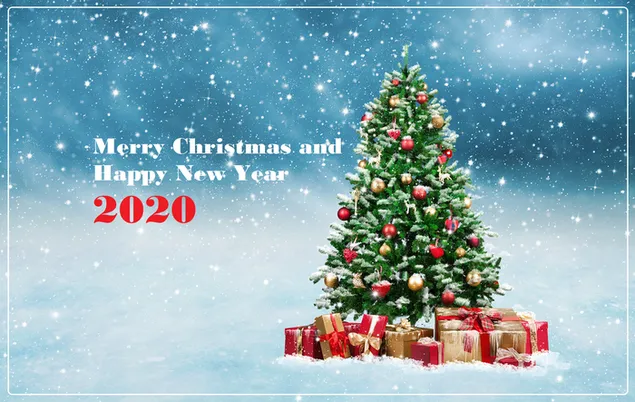 Feliz Navidad y Feliz 2020 sobre un fondo nevado con árbol de Navidad y regalos