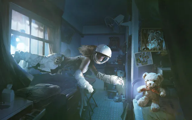Female astronaut floating in the air inside the house 2K wallpaper