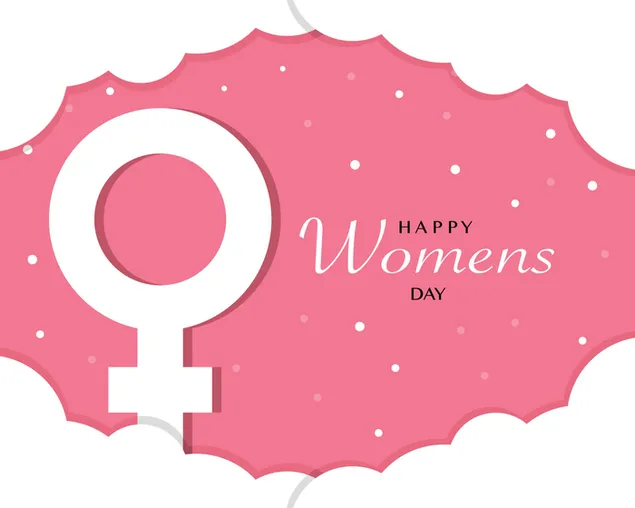 Female gender sign surrounded by clouds and happy women's day lettering
