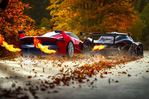 Ferrari en mclaren en herfstrace 2K achtergrond
