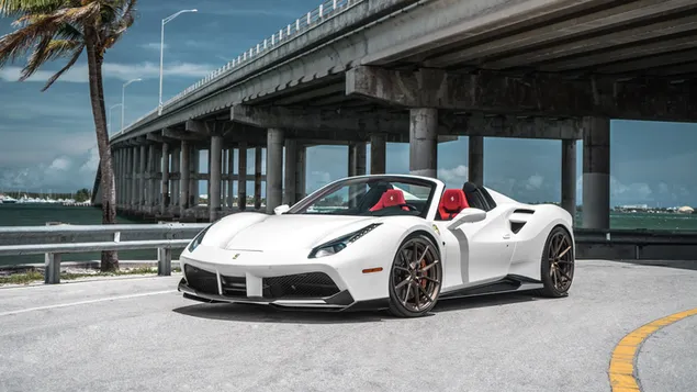 Ferrari convertible blanco debajo de un puente largo descargar