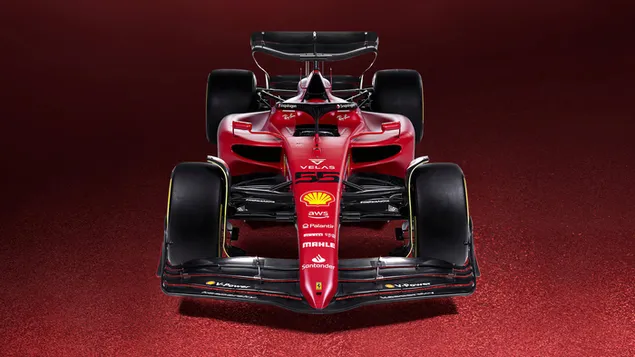フェラーリ F1-75 フォーミュラ 1 2022 新車の正面図と上面図の赤い背景 4K 壁紙