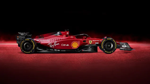 フェラーリF1-75フォーミュラ1 2022年新車サイドビュー赤背景