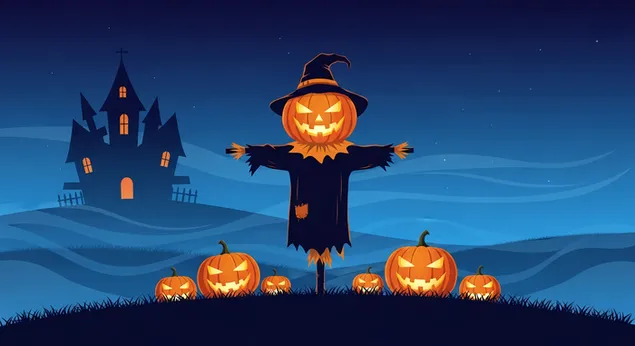 Malam Halloween yang meriah dengan orang-orangan sawah jack-o'-lantern yang bercahaya dan bayang rumah berhantu yang menyeramkan. 2K kertas dinding