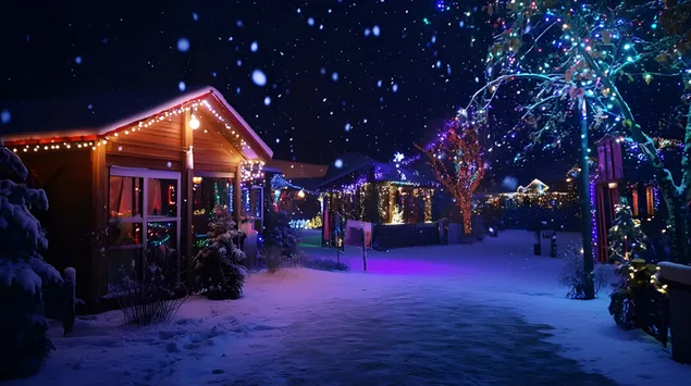 כפר חורף חגיגי מואר באורות צבעוניים 4K טפט