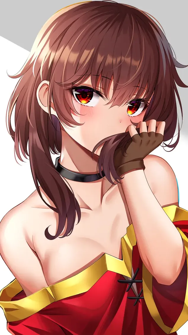 Watak anime fiksyen Megumin kelihatan cantik dengan pakaian luar bahu kuning merah dan rambut perang pendek 2K kertas dinding