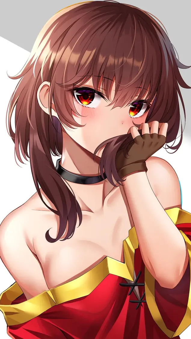 Fictional anime character Megumin looks pretty in a red yellow off-the- shoulder outfit and short brown hair 2K wallpaper download