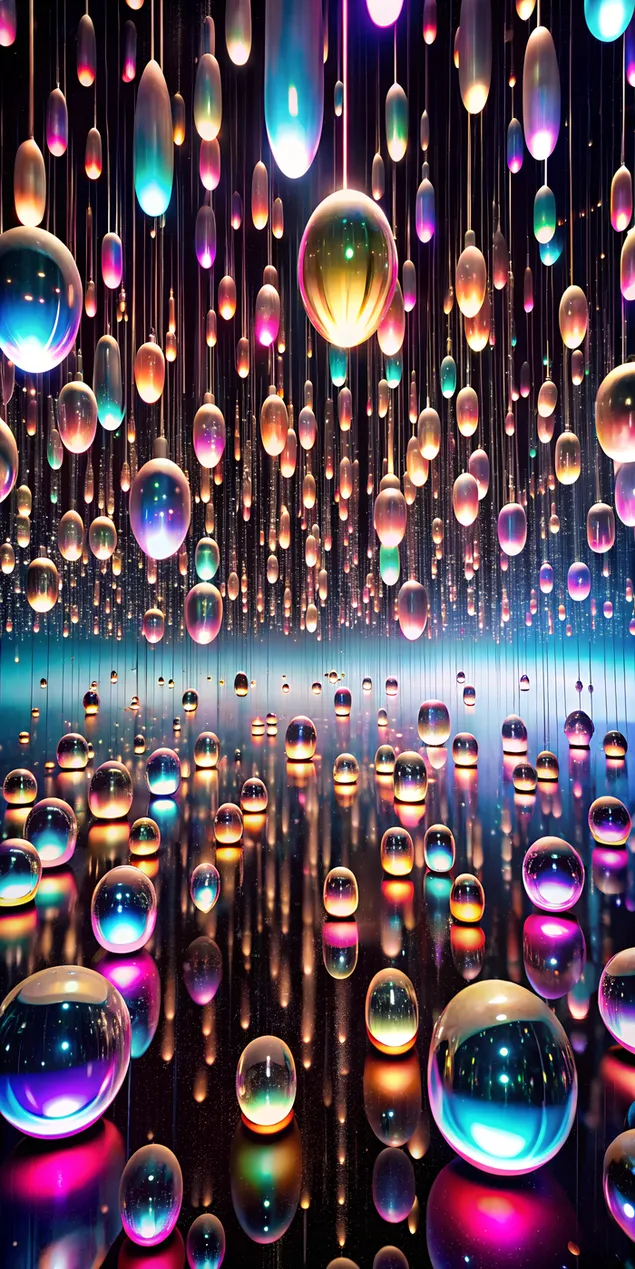 Veld van drywende spieëls wat pastelreëndruppels weerspieël met gloeiende lig op 'n swart agtergrond 2K muurpapier