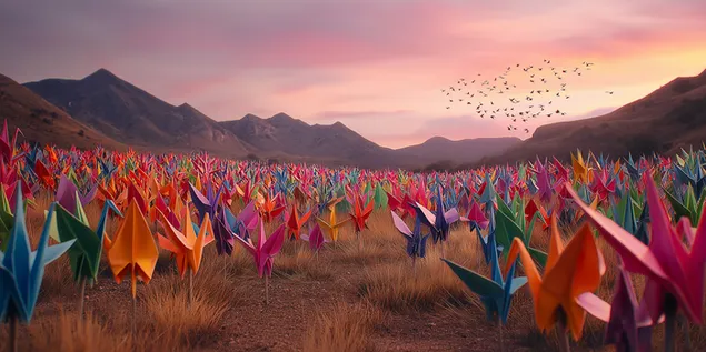 veld met origami-vormen van papieren kraanvogels onder een zonsondergang in de bergen download