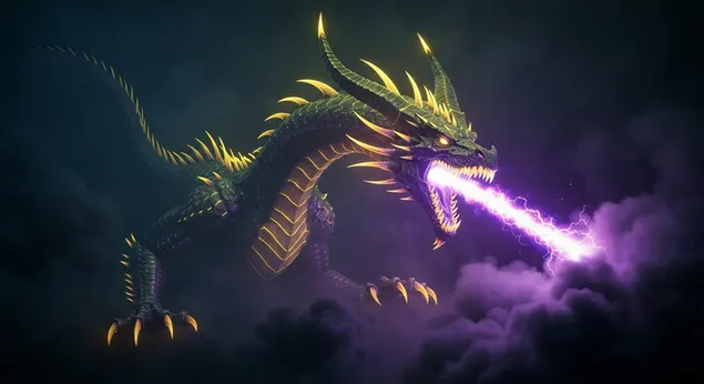 Fierce Green Dragon with Purple Lightning for House Of Dragon Dekstop Background 4K wallpaper