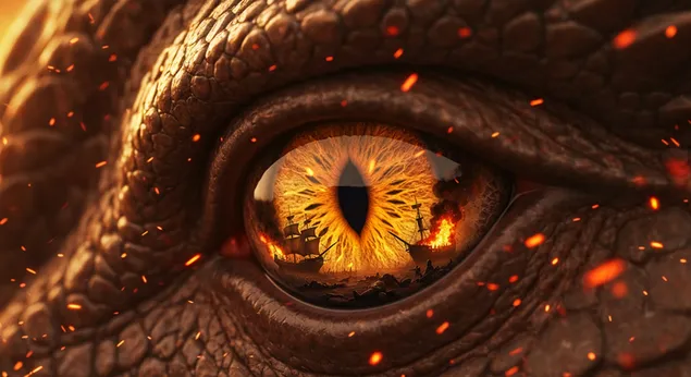 Ognjeno zmajevo oko, ki odraža goreče ladje, Hiša zmaja za ozadje namizja 4K ozadje