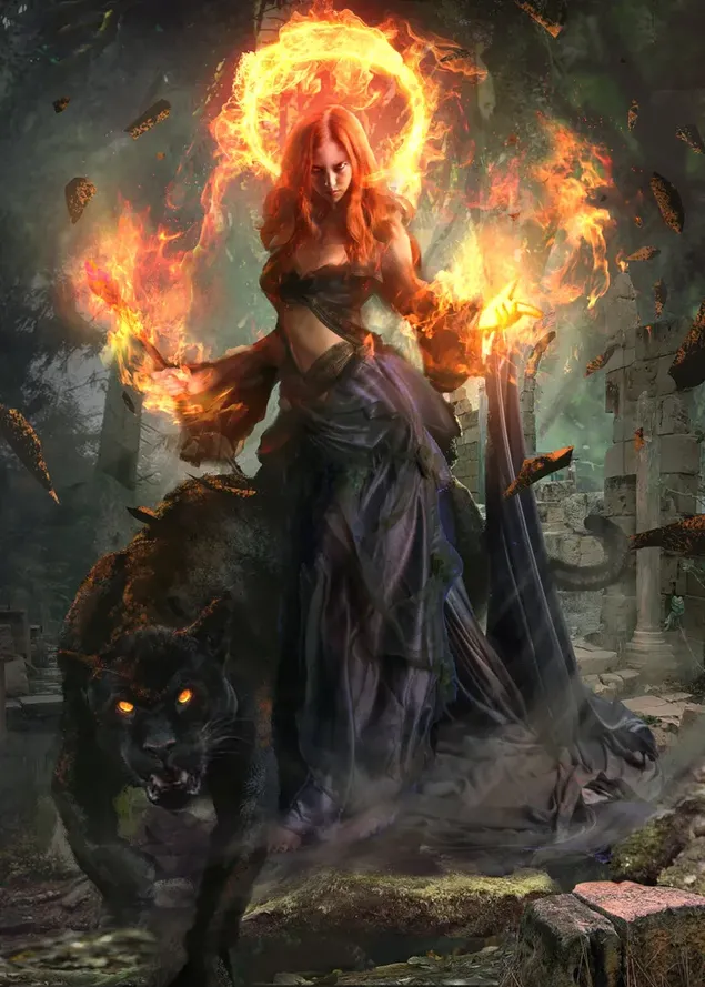 Ilustración ardiente de una mujer hermosa de anime con un largo vestido negro y un animal salvaje con ojos severos