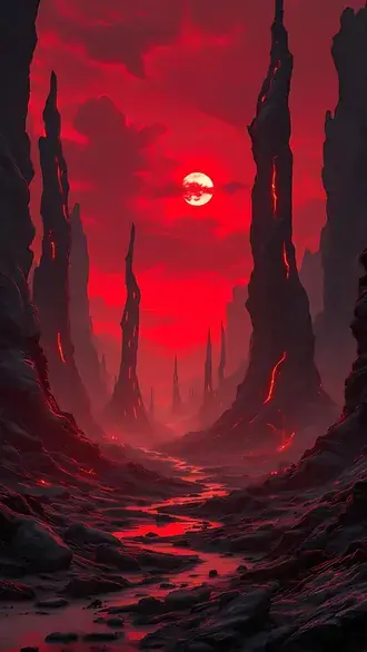 붉은 하늘이 있는 불타는 용암 풍경 2K 배경화면