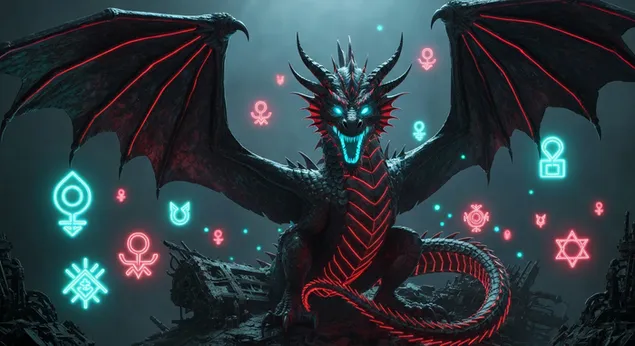 Eldig neondrake med esoteriska symboler House of Dragon skrivbordsbakgrund 4K bakgrund