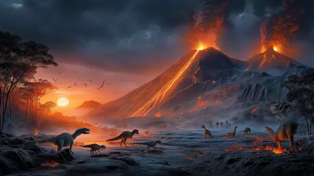 Ugninga priešistorinė peizažas ugnikalnio išsiveržimo metu 2K ekrano užsklanda