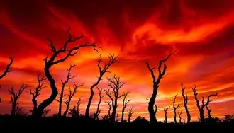 silhouette di cielo infuocato e alberi morti - paesaggio spettacolare scarica