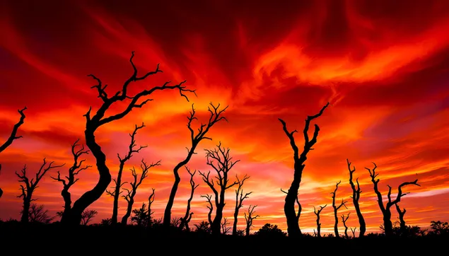 vurige hemel & dooie bome silhoeet - dramatiese landskap aflaai