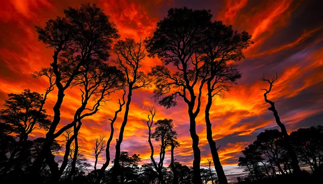 muat turun siluet matahari terbenam berapi: langit merah & jingga dramatik