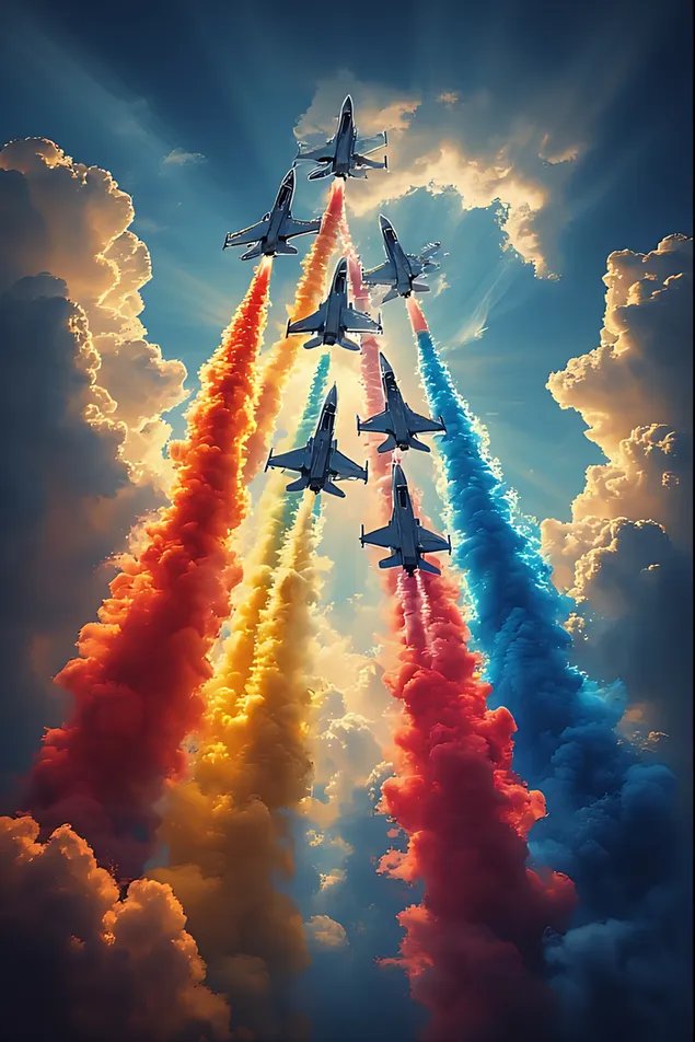 lovci se dvigajo skozi sijoce oblake in po jutranjem nebu risejo sledi poguma in ponosa. prenos