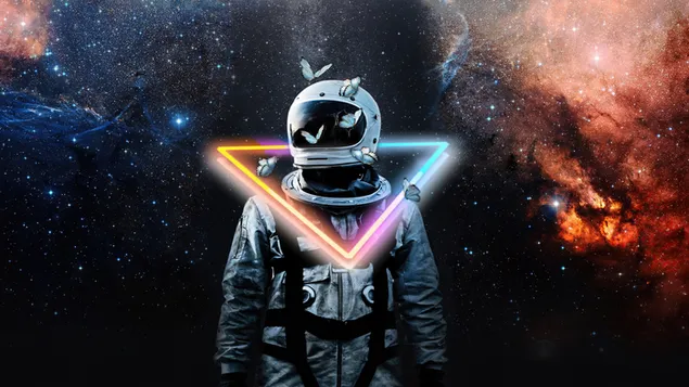Figura iluminada triangular con mariposas en traje de astronauta y astronauta entre estrellas del espacio exterior descargar