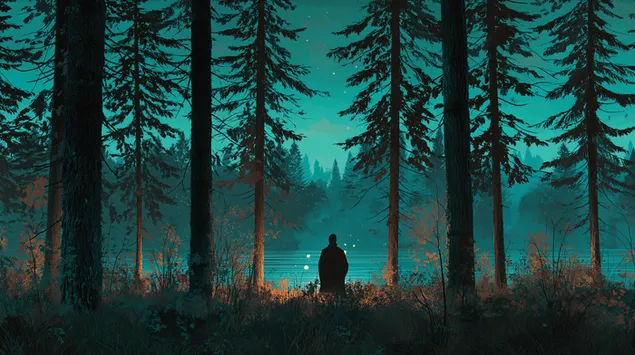 寧靜黃昏松林湖畔的身影 2K 壁紙