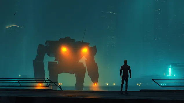 prezemete figura shto se srekjava so dzhinovski mekhanizam vo sajberpank gradskiot pejzazh