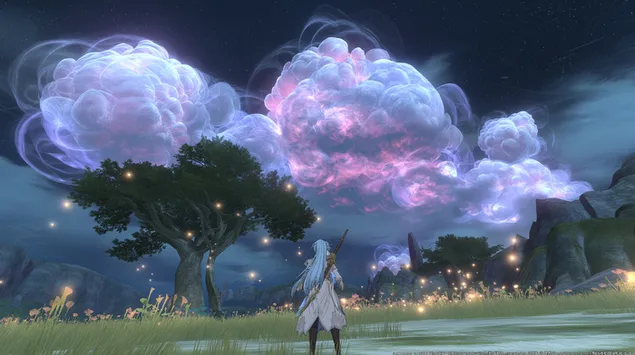 Фигура на лугу под мистическими светящимися облаками ночью 2K обои