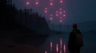 Figure Observing Mysterious Glowing Orbs Over Lake 2K wallpaper