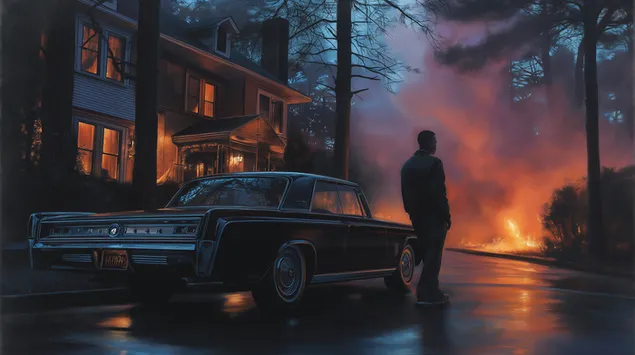 figure observing suburban fire by a classic automobile download